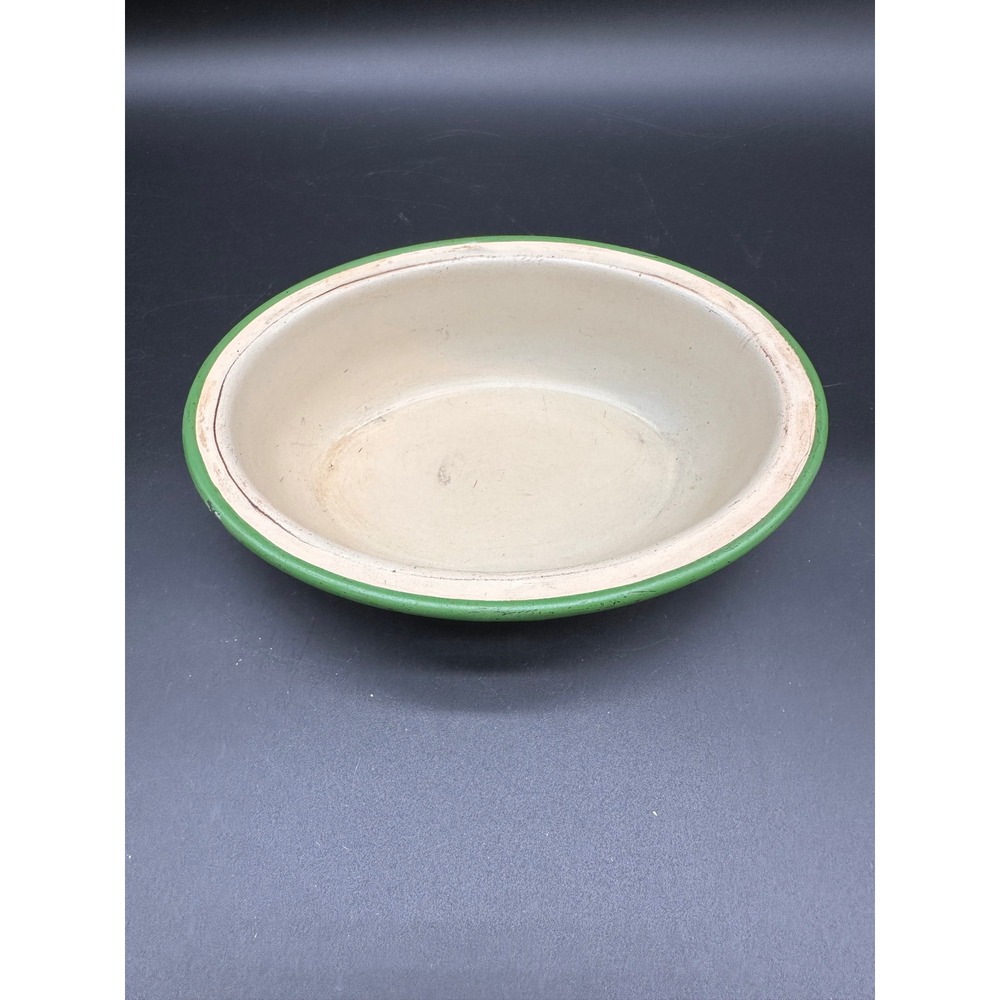 Vintage Enamelware Oval Basin Bowl Green Trim Cream Farmhouse Decor Kitchenware